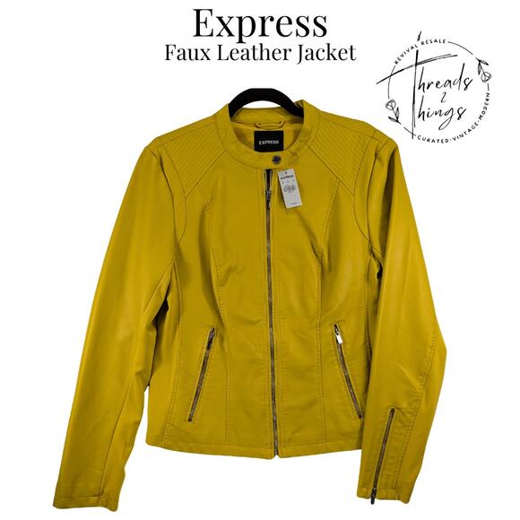 Express Faux Leather Jacket Women Lg Yellow Zip Classy Moto Fall Punk Grunge NWT - Picture 4 of 12